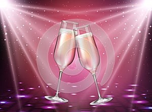 Realistic vector illustration of champagne glasses on holiday disco background