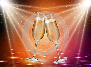 Realistic vector illustration of champagne glasses on holiday disco background