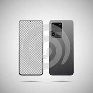 Realistic vector illustration. Front and back side smartphone with transparent screen. Mock-up screen smartphone with blank screen