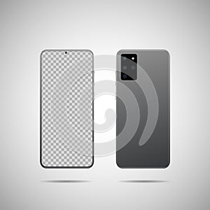 Realistic vector illustration. Front and back side smartphone with transparent screen. Mock-up screen smartphone with blank screen