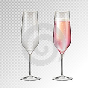 Realistic vector illustration of full ond empty champagne glass isolated on transperent background photo