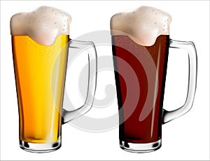 Realistic vector illustration of glass mugs with light and dark beer.