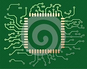 Realistic vector illustration of PCB board in green and golden tones with holes in the circuit board and gold contact pads