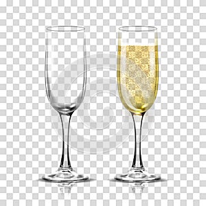 Realistic vector illustration set of transparent champagne glasses with sparkling white wine and empty glass.