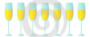 Realistic vector illustration set of transparent champagne glasses with sparkling white wine, on white background. Love