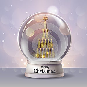 Realistic vector illustration of snow globe with golden champagne bottles inside. Blurred holiday christmas sparkle background