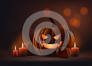 Realistic vector illustration of spooky Halloween scene with a dark background, eerie candlelight, and an illuminated jack o