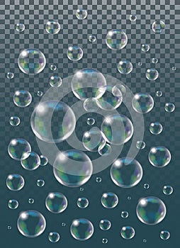 Realistic vector isolated Soap Bubbles on the black background.
