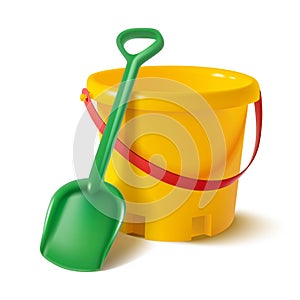 Realistic vector kids bucket and spade for sand play on the sea