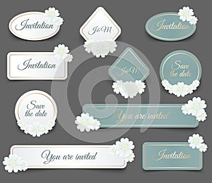 Realistic Vector label shape with golden frame and white daisy flower for you wedding invitation or greeting card design