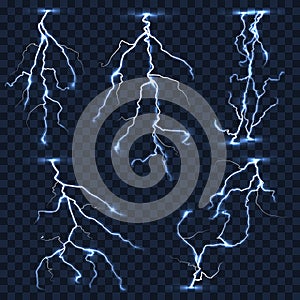 Realistic vector lightnings set on plaid transparent background