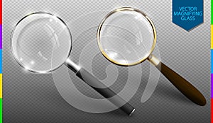 Realistic vector magnifying glass set on transparent background. Isolated icon of retro and modern lupe