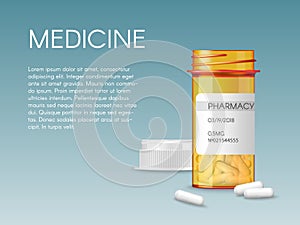 Realistic vector medical orange pills bottle with a blank label prescription medicine tablets. Ads template mockup