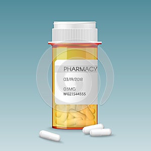 Realistic vector medical orange pills bottle with a blank label prescription medicine tablets. Ads template mockup