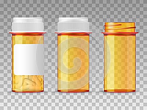 Realistic vector medical orange pills bottle isolated on transparent background. Empty closed, opened, and with a blank