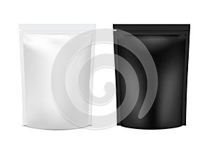 Realistic vector mock up plastic Black and white Food Stand Up Flexible Pouch Sachet set.