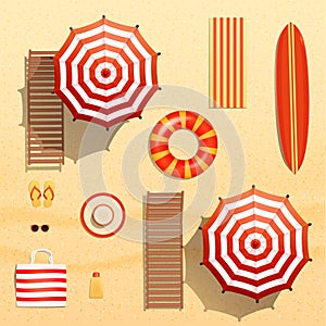 Realistic vector objects illustration, sun umbrellas, surfboard, towel, lounger, swim ring, sunglasses and other beach stuff