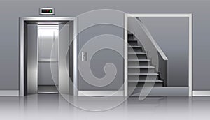 Realistic vector office building elevator with half closed doors and stairs.