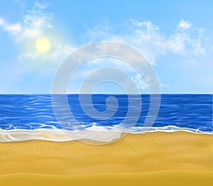Realistic vector paradise sand beach early at morning with nobody on it. Sun is shining above the sea and white yellow