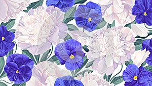 Realistic vector peonies and blue Pansies, desktop wallpaper for computers.