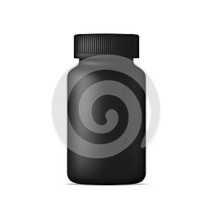 Realistic vector pill bottle. Black plastic medicine container for drugs. Sport, health and nutritional supplements.