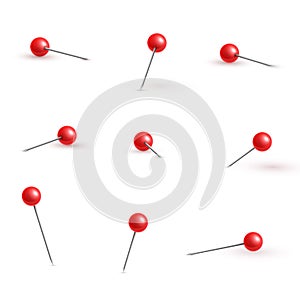 Realistic vector plastic glossy red push pins at various angles set needle.