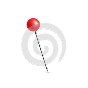 Realistic vector plastic glossy red push pins at various angles set needle.