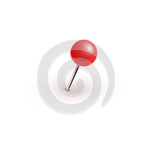 Realistic vector plastic glossy red push pins at various angles set needle.