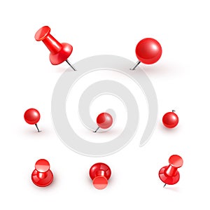 Realistic vector plastic glossy red push pins at various angles set needle.