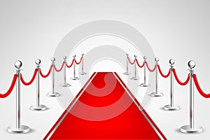 Realistic vector red event carpet and silver barriers on white background