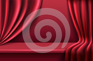 Realistic vector red velvet background with wavy drapery curtains