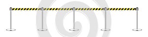 Realistic vector retractable belt stanchion. Crowd control barrier posts with caution strap. Queue lines. Restriction