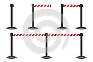 Realistic vector retractable belt stanchion. Crowd control barrier posts with caution strap. Queue lines. Restriction