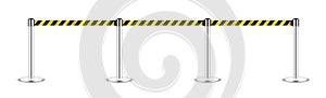 Realistic vector retractable belt stanchion. Crowd control barrier posts with caution strap. Queue lines. Restriction