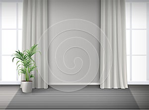 Realistic vector room interior with two big windows with light and curtains and potted plant on the floor