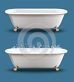 Realistic vector set bathtub with soap bubbles ans shampoo foam