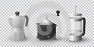 Realistic vector set of coffee mocca kettle, french press coffee maker and a black coffee grinder on transparent background photo