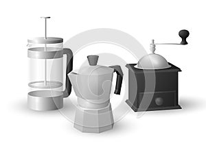 Realistic vector set of italian coffee mocca kettle, french press coffee maker and a vintage coffee grinder on white background photo