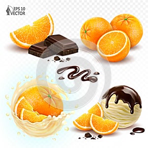 Realistic vector set of desserts with fresh orange fruits, flavored citrus ice cream, liquid chocolate topping. 3d food