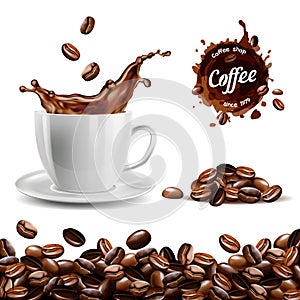 Realistic vector set of elements: coffee beans background, coffee cup, a coffee splash, pile and stain, logo