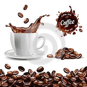 Realistic vector set of elements: coffee beans background, coffee cup, a coffee splash, pile and stain, logo photo