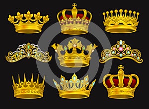 Realistic vector set of golden crowns and tiaras decorated with precious stones. Shiny headdress of royal person