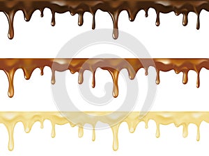 Realistic vector set of melted dark, white and milk sweet chocolate dripping seamless. Vector design for desserts or