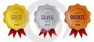 Realistic vector set of shining gold, silver and bronze medals and ribbon. Premium badges. Winner medals awards. Achievement icons