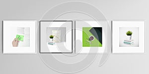 Realistic vector set of square picture frames isolated on gray background. Home office concept, study or freelance