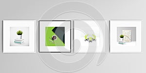Realistic vector set of square picture frames isolated on gray background. Home office concept, study or freelance
