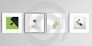 Realistic vector set of square picture frames isolated on gray background. Home office concept, study or freelance