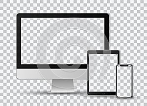 Realistic vector set on transparent background of a modern smartphone, a tablet and a computer screen with transparent screens