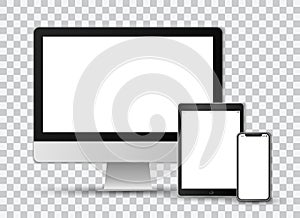 Realistic vector set on transparent background of a modern smartphone, a tablet and a computer screen with white screens