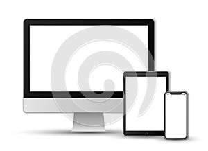Realistic vector set on white background of a modern black colored smartphone, a tablet and a computer screen with white screens